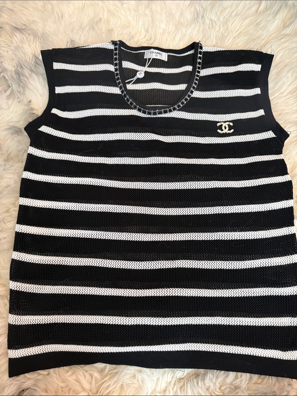 CC Boutique Black and White Striped Chain-Trim Sleeveless Knit Tank